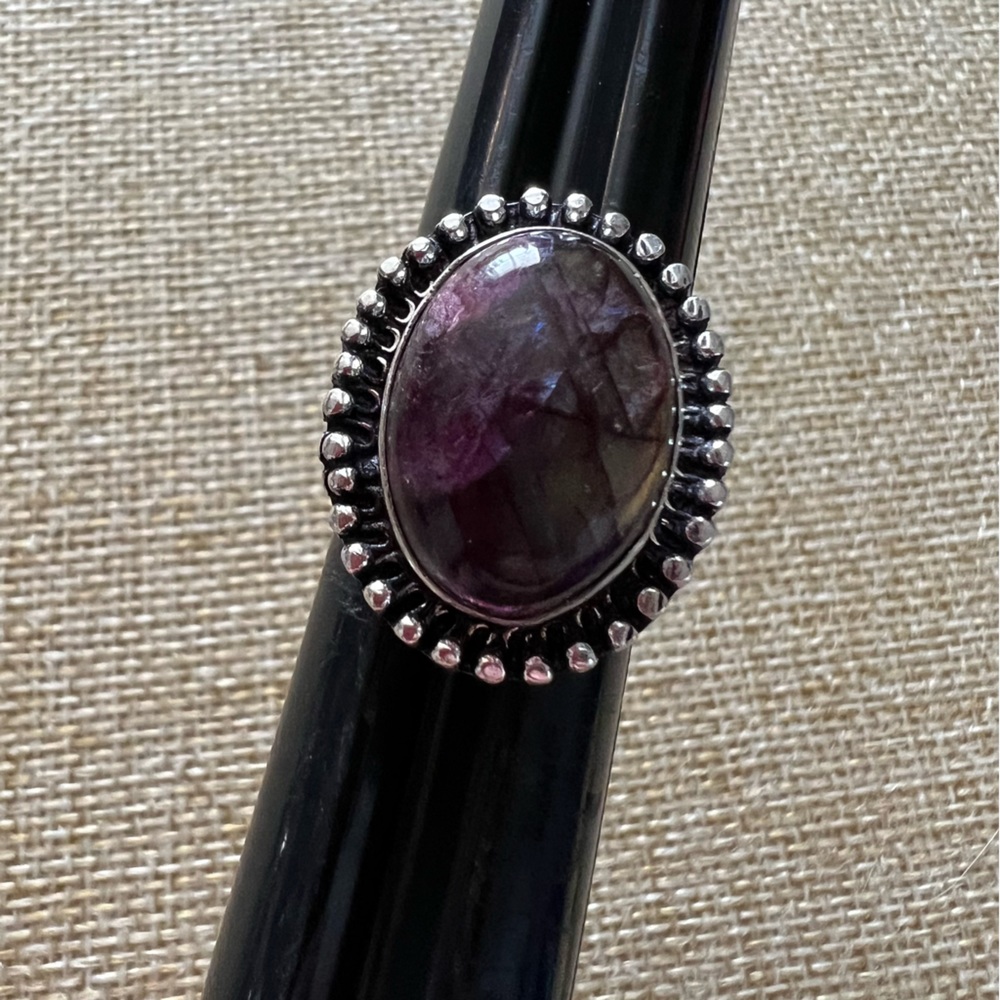 New Labradorite Silver Overlay Crystal Ring w Decorative Band Size 7.25